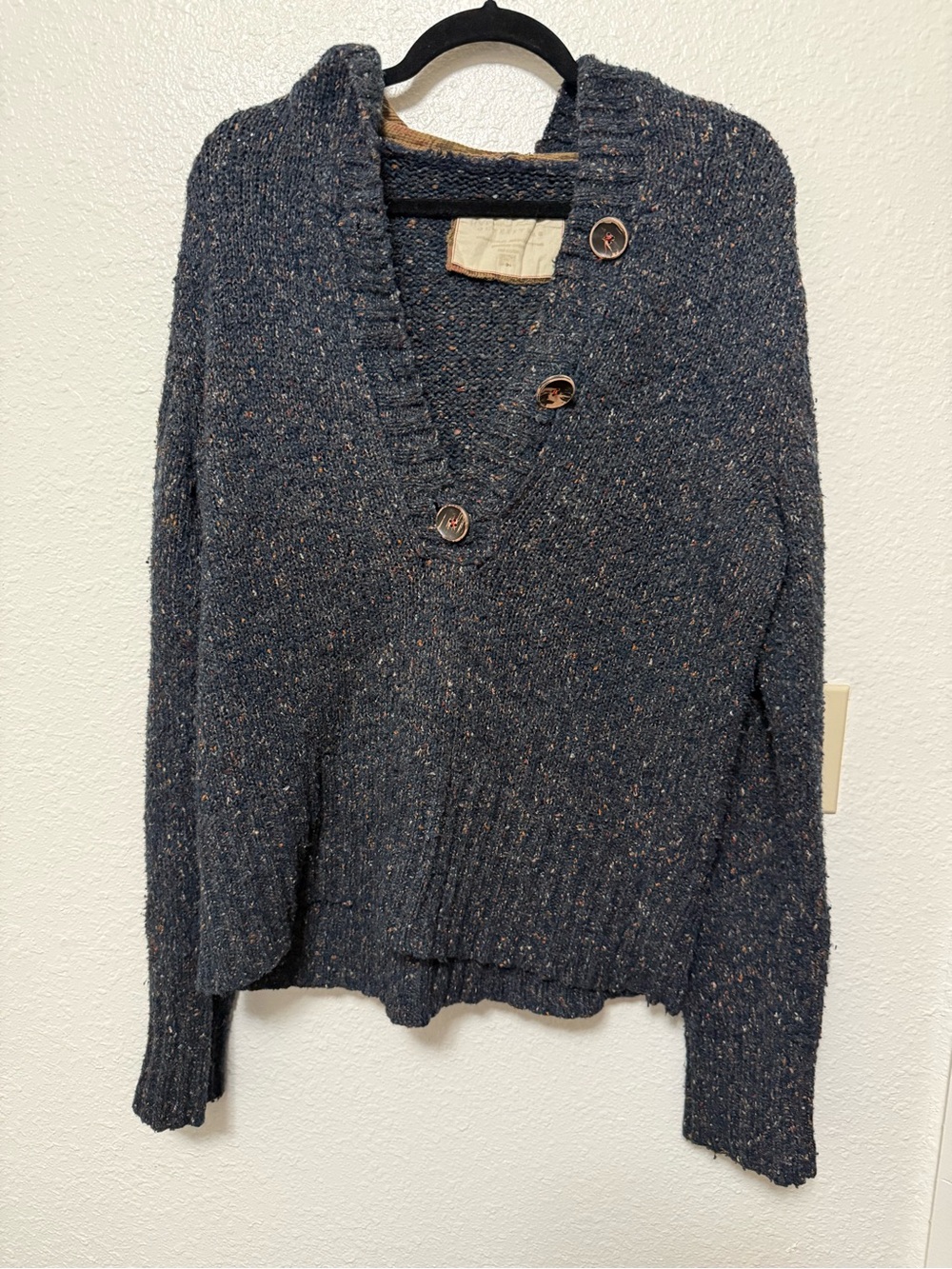 North River Outfitters Women Navy Blue Marl Hooded Button‎ Sweater Floral Lining